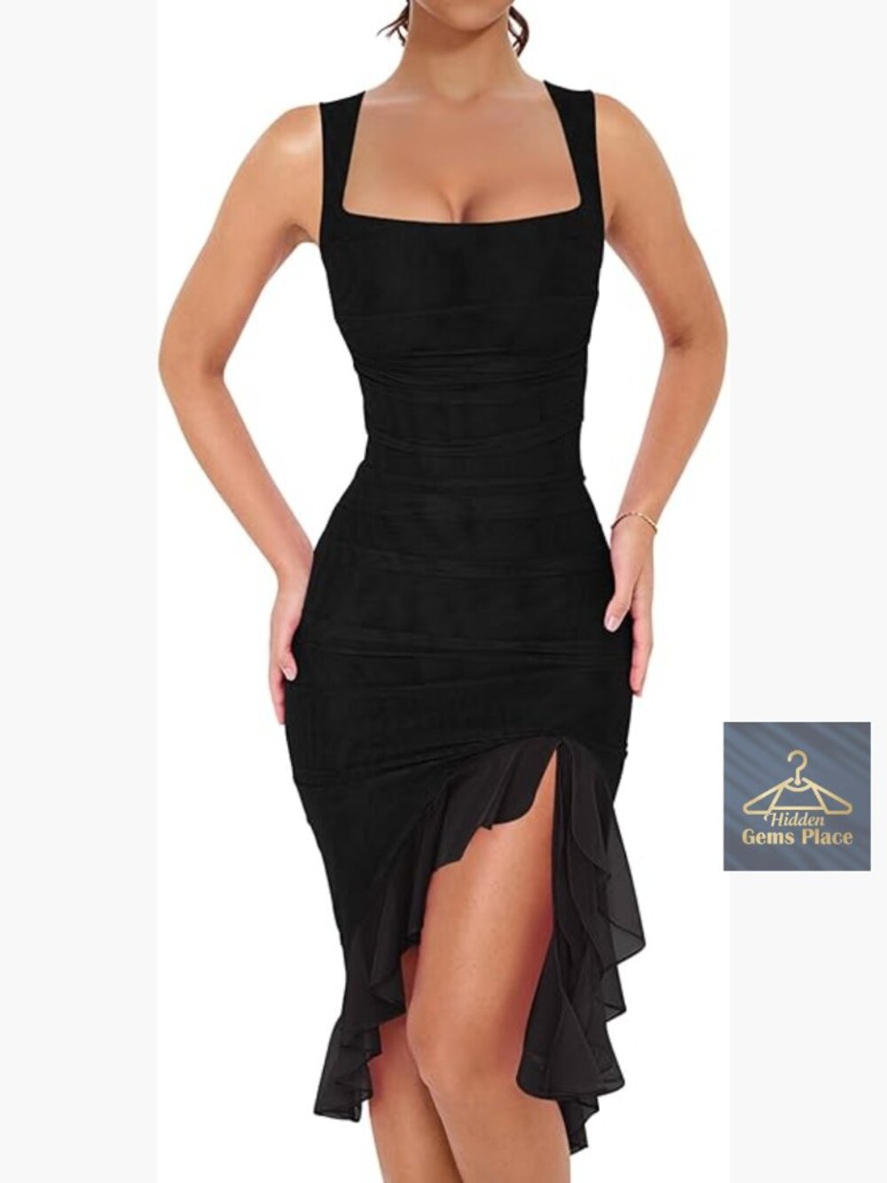 Sexy Bodycon Midi Dress Square Neck Ruffle Hem Party Cocktail
